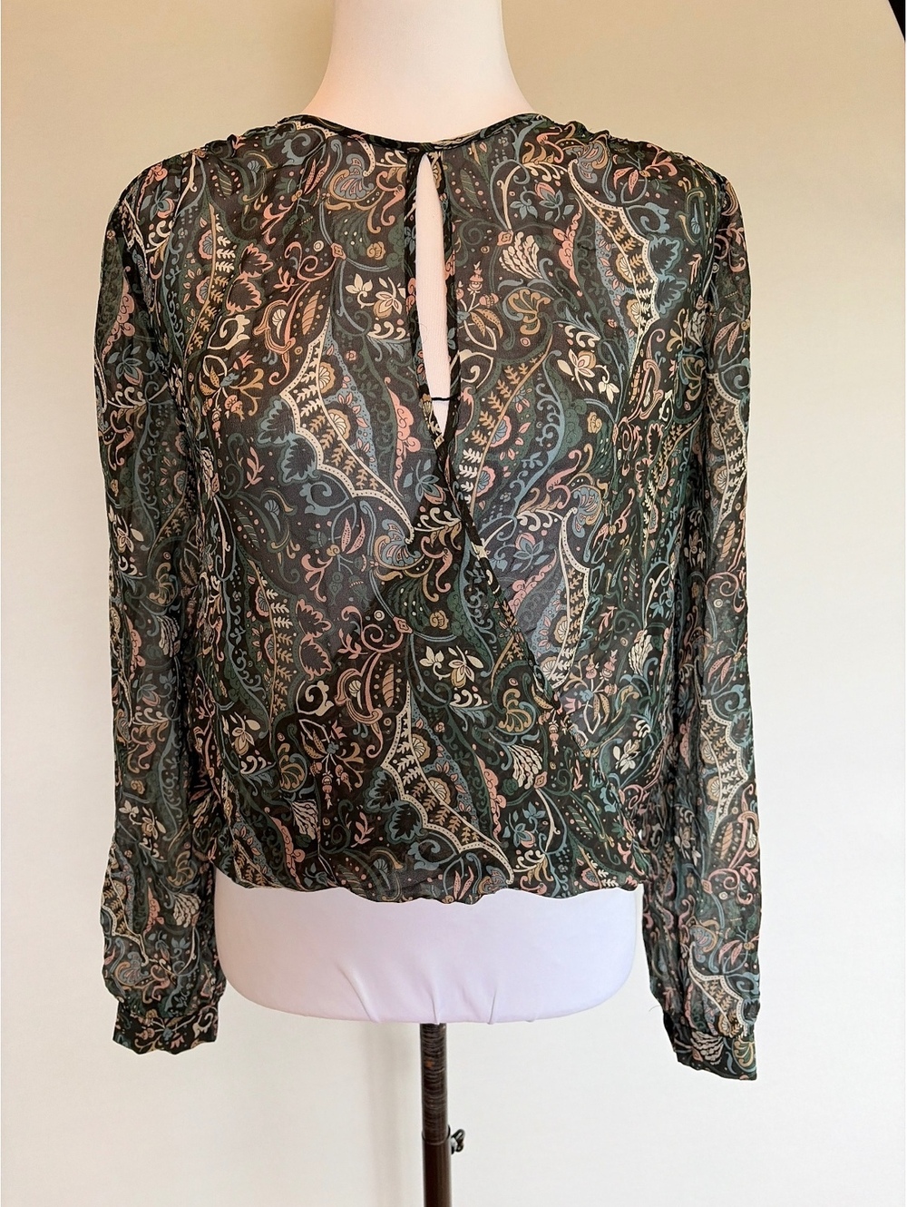 Veronica Beard Gayle Paisley Printed Silk Sheer Top XS Black Green Pink Ethereal